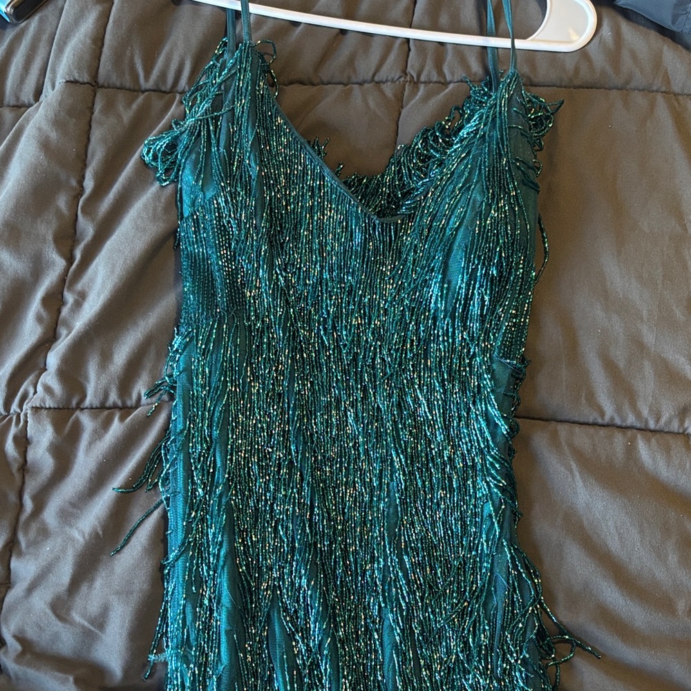 ellie wilde (mimi’s prom) Teal Beaded Fringe Cocktail Dress